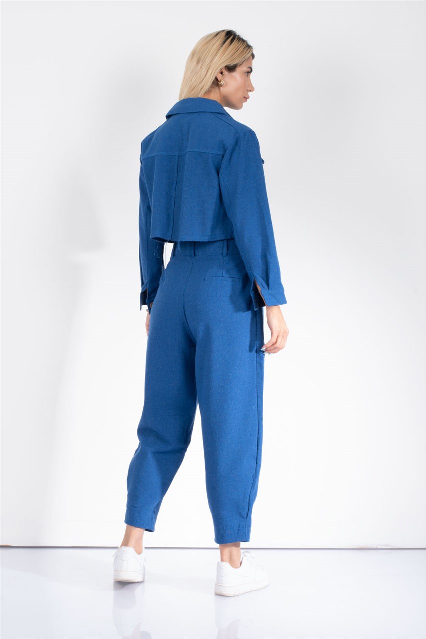 Kadın Saks Mavi Gömlekli Pantolon Takım