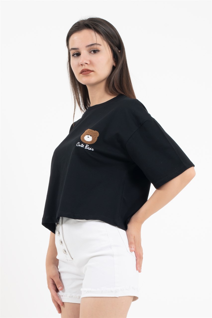 Kadın Siyah Ayıcıklı Crop T-Shirt