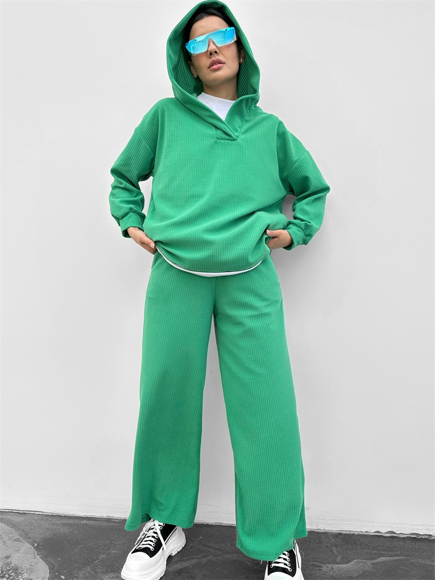 Kadın Yeşil Beli Lastikli Fitilli Pantolon