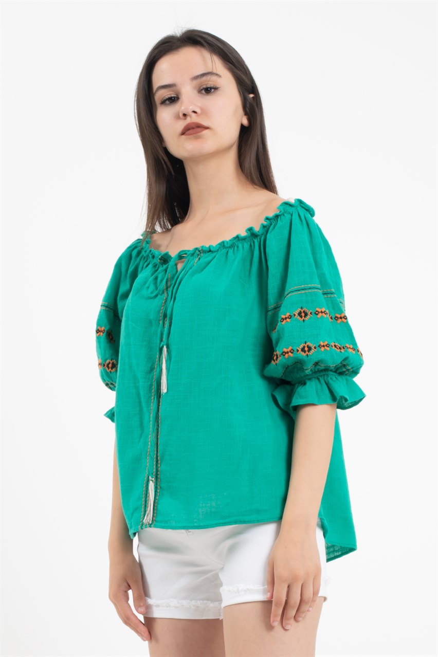 Kadın Yeşil Düşük Omuzlu Keten Bluz