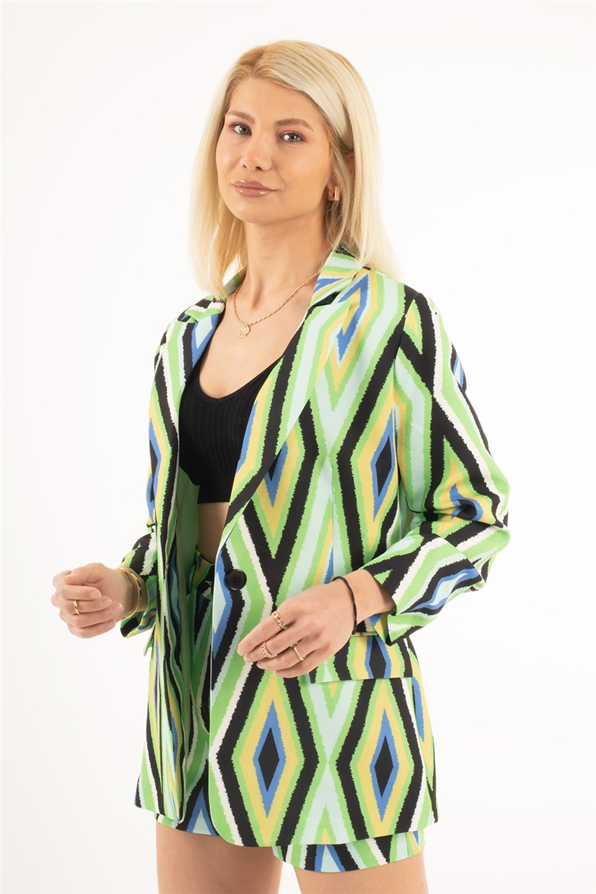 Kadın Yeşil Geometrik Desen Ceket
