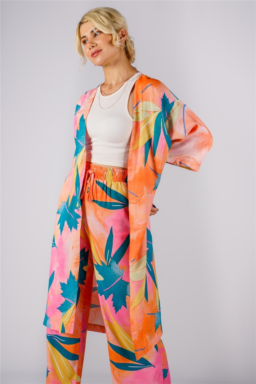 Quzu21Y50912 Renkli Beli Kemerli Kimono-Turuncu