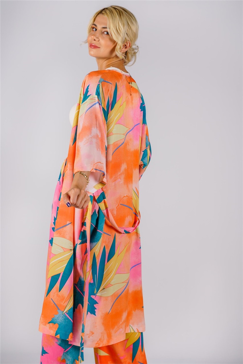 Kadın Turuncu Renkli Beli Kemerli Kimono