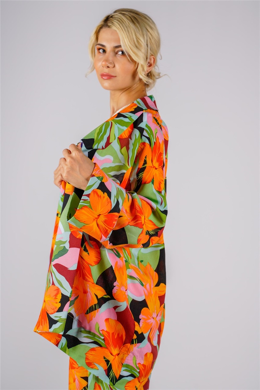 Kadın Turuncu Yaprak Desenli Kimono